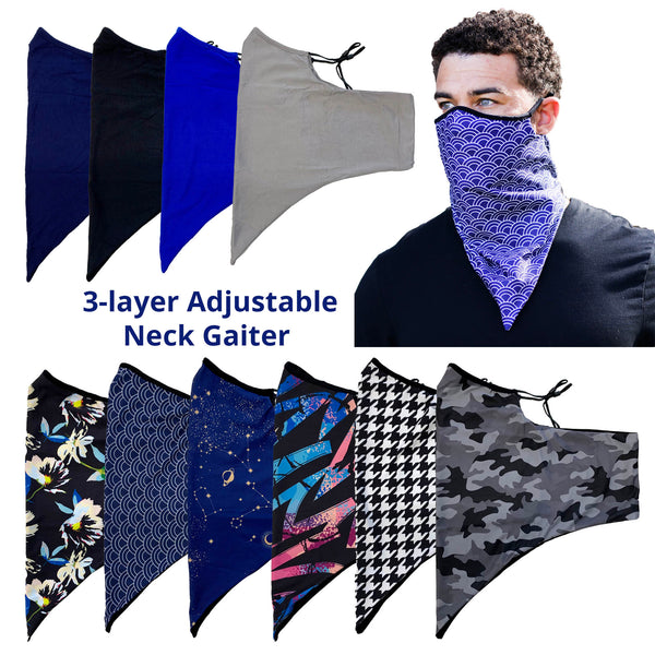 ECGAIT011 - Adjustable 3-Layer Ear Strap Neck Gaiter with Filter Pocket - Patterned And Solid Colors